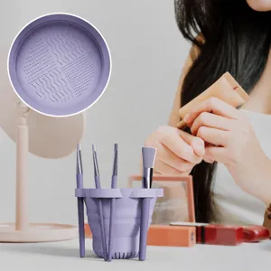 Collapsible makeup brush cleaner cup purple silicone portable tool washing bowl for daily use