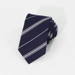 Men's navy blue formal business necktie with white diagonal stripes, classic professional accessory.
