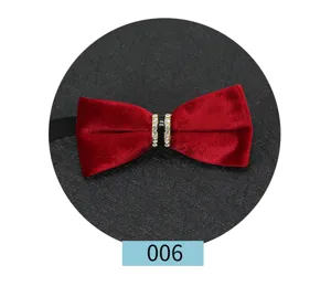 Gros plan détaillé d'un nœud papillon en velours rouge avec anneau strass, accessoire élégant.