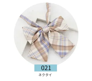 Japanese JK uniform plaid bow tie, stylish brown and blue tartan necktie for daily wear.