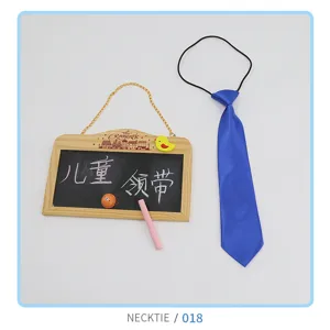 Kids blue satin necktie detail view, featuring elastic band design for easy wearing.
