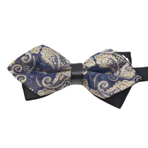 Men's business formal paisley bow tie, classic navy blue with elegant gold pattern.