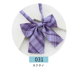 Detail shot of purple plaid JK uniform bow tie, featuring classic striped bow design.
