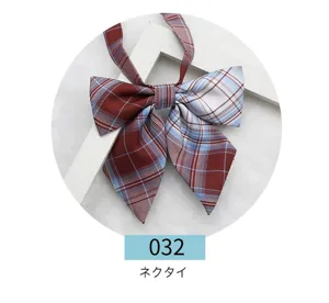 JK uniform plaid bow tie detail shot, red and blue plaid sailor ribbon accessory for sweet school style.
