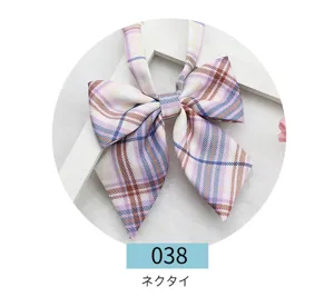 Close-up detail of the Japanese style JK uniform plaid bow, featuring sharp corners in pink.