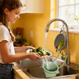 Collapsible kitchen silicone colander, foldable vegetable washing basket and sink strainer.