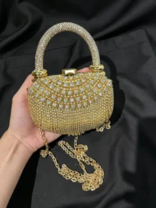 Goldene Strass Abendtasche mit Kette und Kristallgriff für Damen Party Hochzeit.