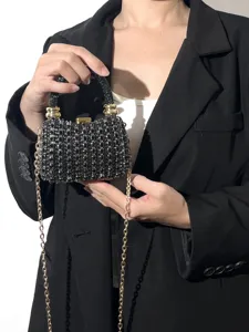Elegante schwarze Strass Abendtasche mit Goldkette, luxus Kristall Clutch Handtasche für Damen
