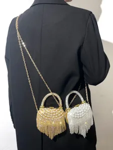 Exquisite Strass Perlen Fransen Abendtasche, goldene und silberne Schulter Umhängetasche Kette.