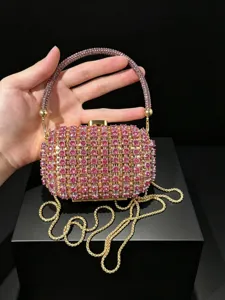 Funkelnde rosa Strass Abendtasche Luxus Kristall Clutch mit edler goldener Kette