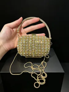 Goldener Strass Acryl Abendtasche Umhängetasche mit Kette für Damen Party Detailansicht
