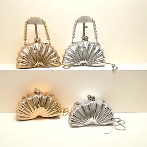 Women Shell Evening Clutch Bag Fashion Glossy Acrylic Metallic Handbag With Beaded Handle And Chain Strap Gold Silver Banquet Party Crossbody Purse