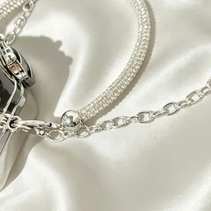 Silver rhinestone evening bag detail, metallic chain and crystal mesh handle showcase.