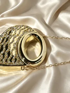 Gold Acryl Abendtasche mit Strass, Metallkette und rundem Griff, elegante Clutch für Partys.