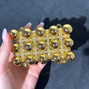 Gold rhinestone evening clutch bag with large ball studs, luxury party shoulder crossbody bag.