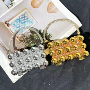 Luxury rhinestone evening bag with shiny metal spheres and crystal round handle for women fashion