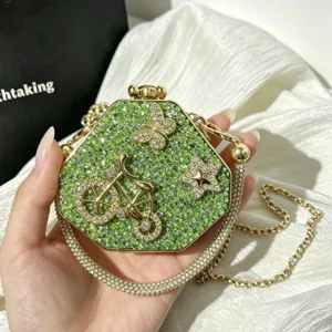 Green Crystal Acrylic Evening Bag Rhinestone Hexagon Clutch Purse With Chain Strap