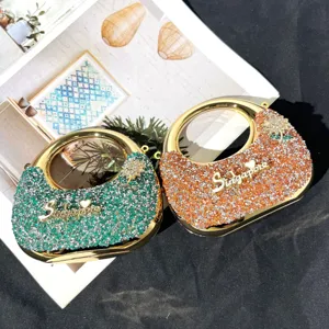 Glitzernde Strass Metall Griff Umhängetasche Luxus Abend Clutch Handtasche elegant