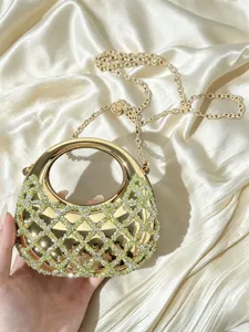 Luxus Strass Mondsichel Abendtasche mit goldenem Metallrahmen für Party und elegante Feste.