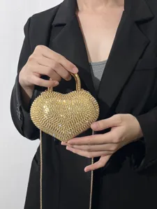 Borsa da sera a cuore con strass e catena oro, mini pochette acrilica di lusso per donne.