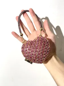 Modische Strass Herz Clutch Tasche, Kristall Perlen Griff Abend Party Damen Handtasche