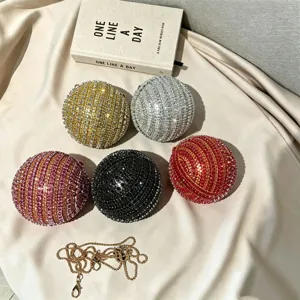 Women Spherical Rhinestone Evening Bag Round Clutch Purse With Metal Chain Strap Luxury Formal Party Banquet Handbag