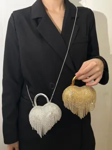 Sac de soirée en strass avec franges cœur luxueux sac à bandoulière pour fête mariage