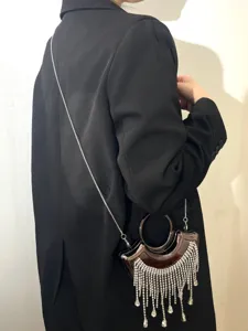 Strass Fransen Mini Abendtasche Detail, schicke metallische Umhängetasche für Damen.