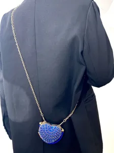 Mini blaue Strass Herz Umhängetasche Kette Damen elegante Abend Party Schultertasche