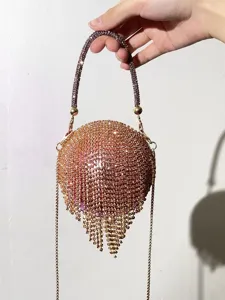 Sac de soirée rond en strass avec franges et chaîne élégant sac à main pour mariage.