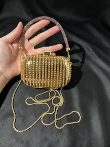 Goldene Strass-Clutch Tasche mit Griff und Kette, elegante Abend-Minaudiere Handtasche.