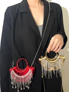 Mini Strass Fransen Abendtasche mit rundem Griff, elegante Umhängetasche für Damen Partys.