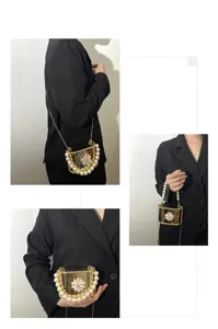 Elegante borsa a mano in acrilico con manico di perle e bellissima decorazione floreale donna.