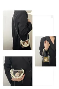 Borsetta donna in acrilico con perle borsa a tracolla catena elegante pochette sera chic