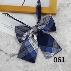 Blue plaid JK bow tie for women, stylish campus uniform necktie accessory with ribbon detail.