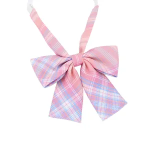 Pink blue plaid JK bow tie for women, Japanese school style cute necktie collar accessory.