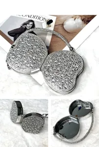 Mini doppelseitige Strass Herz Acryl Clutch Tasche mit funkelnder Diamantkette und Spiegel.
