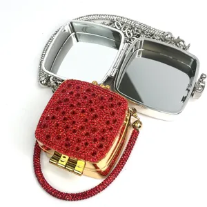 Mini strass avondtas en zilveren compacte spiegelkoffer set, glanzende kristallen crossbody tas.