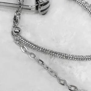 Nahaufnahme Detail von Luxus Strasskette und Metallriemen fuer Damen Abendtasche auf weissem