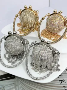 Mini Kristallkugel Abendtasche mit Strass, Metallkette und schicker Quasten-Umhängetasche.