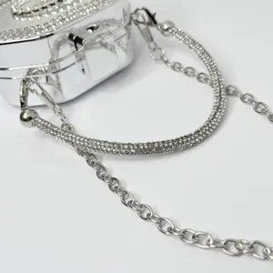 Nahaufnahme Detail der silbernen Strass Hartschalen Mini Tasche mit Kette und Griff.