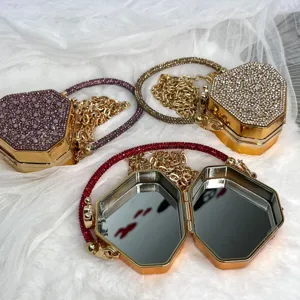 Elegante sechseckige Strass Abendtasche mit Kette und Spiegel, glänzende Party Mini Handtasche.