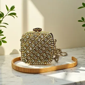 Nahaufnahme der luxuriösen, funkelnden Strass-Acryl-Box-Abendtasche mit feiner Kette.