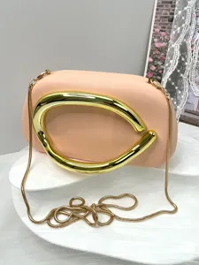 Elegant pink clutch bag with gold metal handle and chain strap for evening and party.