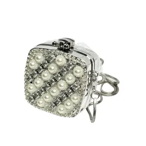 Mini Strass Acryl Box Tasche mit Perlen und silberner Kette Umhängetasche Clutch.