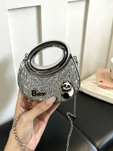 Silberne Glitzer Acryl Handtasche mit Metallgriff und Kette, modische Damen Umhängetasche.