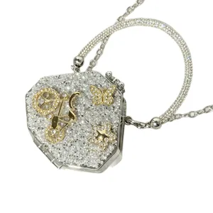 Rhinestone Evening Bag Mini Crystal Minaudiere Clutch Purse with Chain Handle & Bicycle Charm