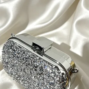 Close-up of a sparkling rhinestone evening clutch bag with silver metallic frame and clasp.