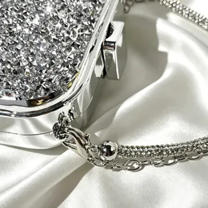 Shiny crystal evening clutch bag silver metal chain shoulder bag luxury women party purse