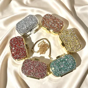 Sparkling rhinestone evening clutch detail, luxury crystal box shoulder bag set, multi-color.